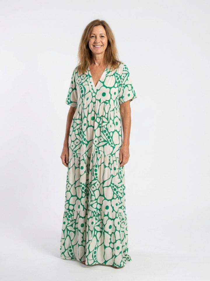 Lucie | Kjole midi med blomster, ermer korte og hals i V