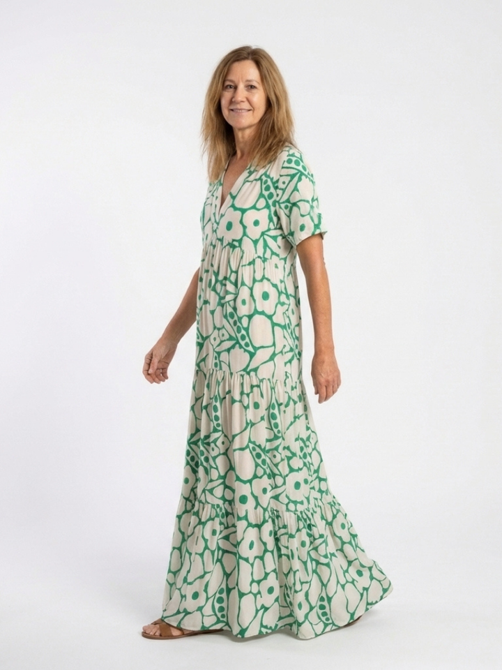 Lucie | Kjole midi med blomster, ermer korte og hals i V