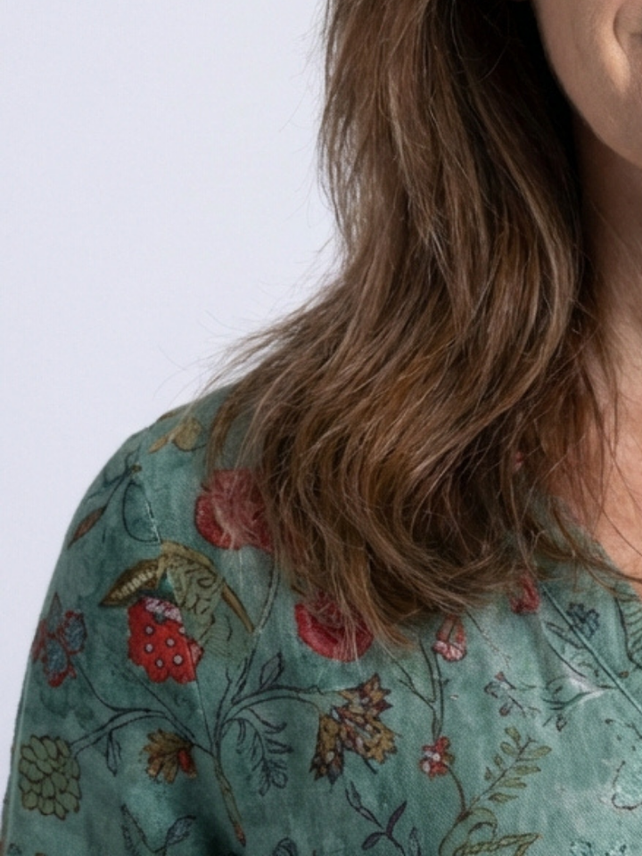 Valérie | Kjole maxi blomstret med hals i V og ermer tre rom