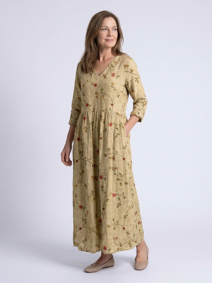 Valérie | Kjole maxi blomstret med hals i V og ermer tre rom
