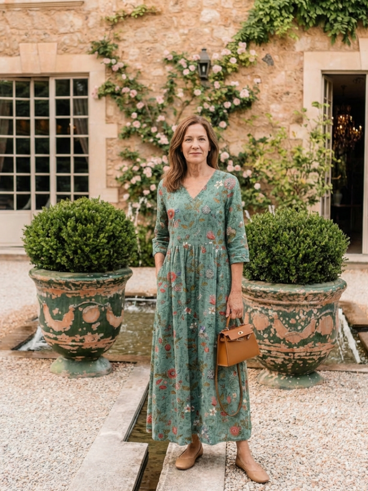 Valérie | Kjole maxi blomstret med hals i V og ermer tre rom