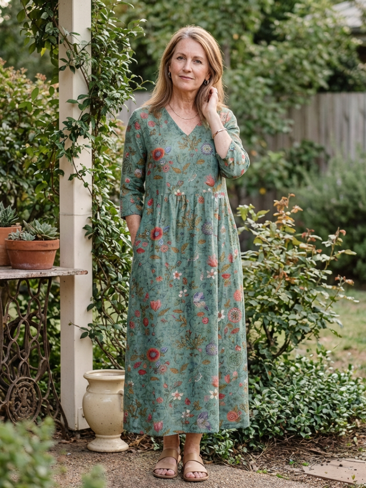 Valérie | Kjole maxi blomstret med hals i V og ermer tre rom