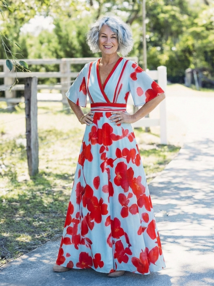 Florença | Kåpe maxi med blomster og hals i V