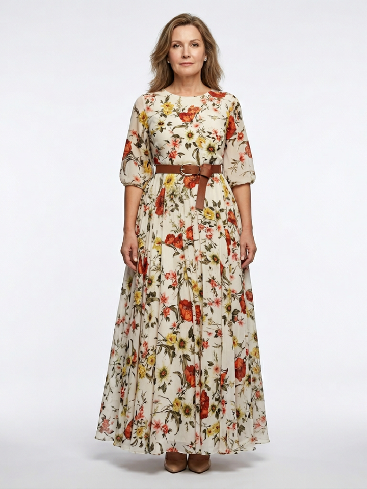 Isabelle | Vestido maxi com cinto, decote redondo e mangas três – rom