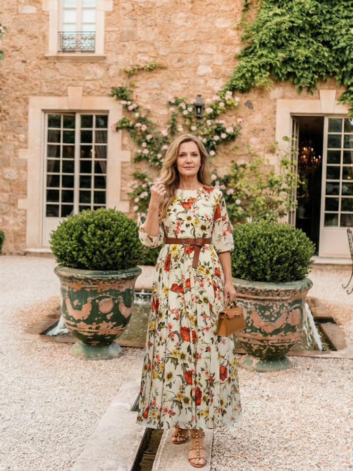 Isabelle | Vestido maxi com cinto, decote redondo e mangas três – rom