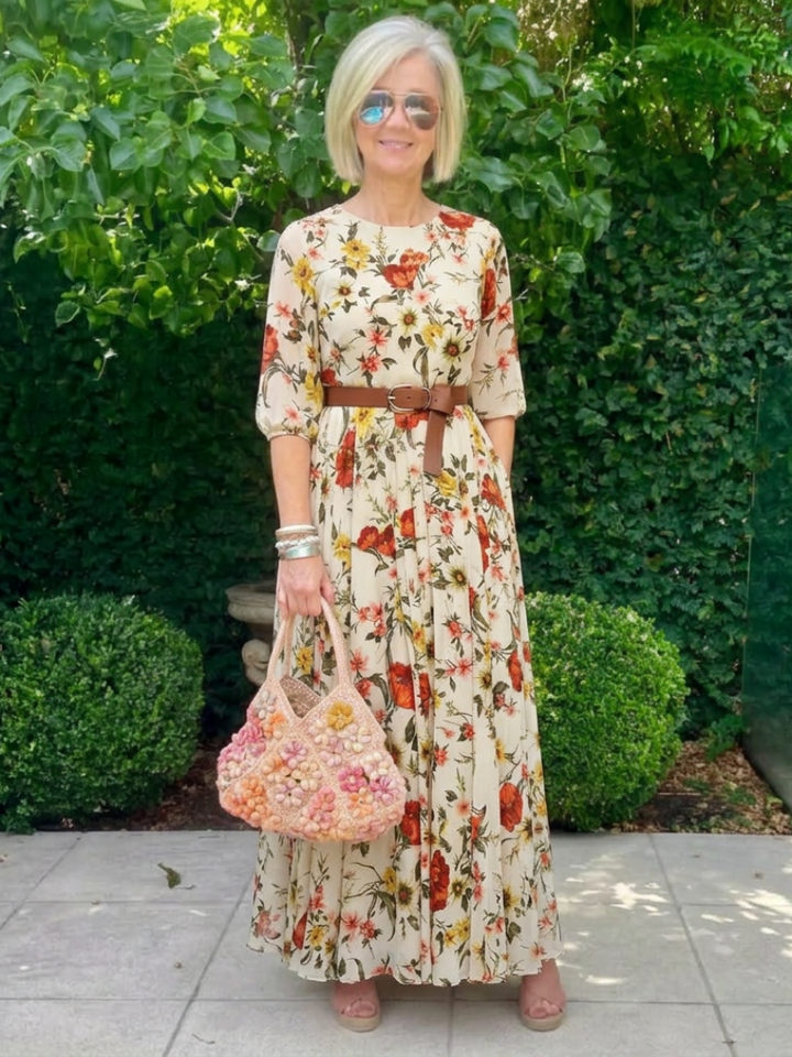 Isabelle | Vestido maxi com cinto, decote redondo e mangas três – rom
