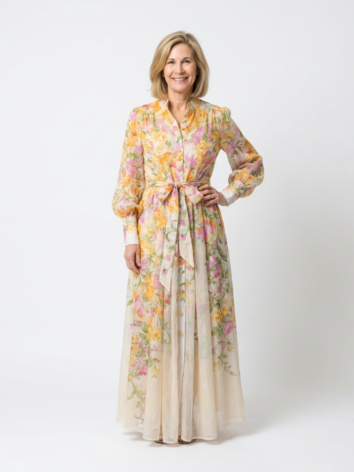 Delphine | Kjole maxi flytende av ermer lange og blomster
